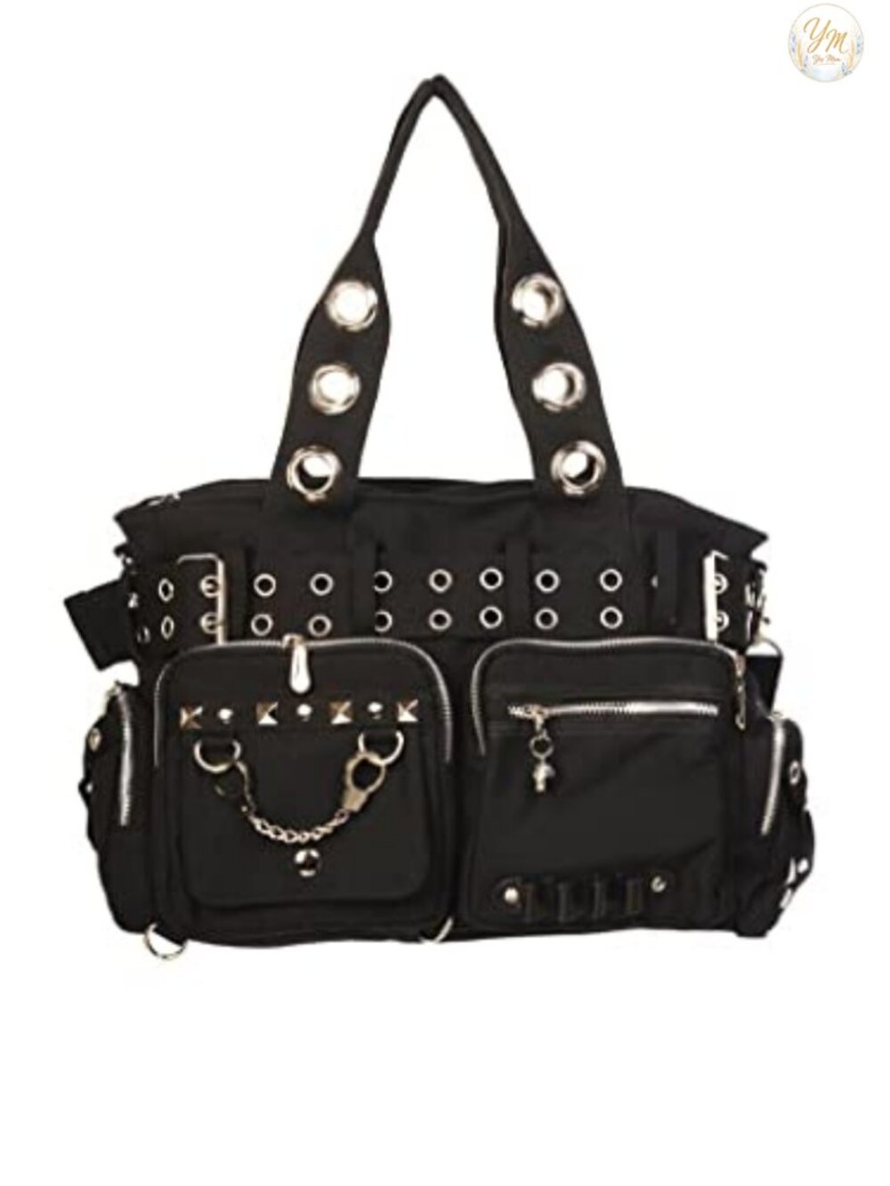 Punk Rock Hobo Handbag with Handcuff and Skull Charm Cotton Blend